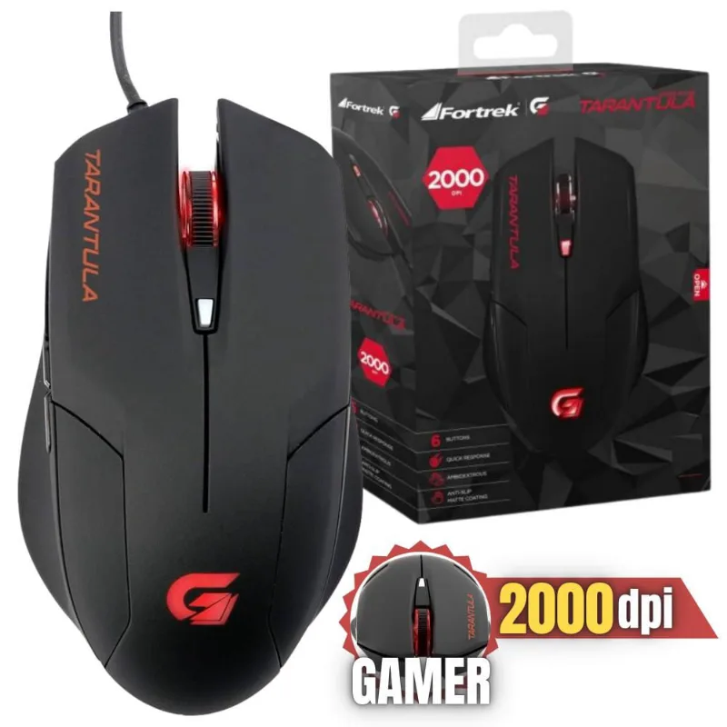 Mouse Gamer Tarantula OM-702 Para Escritório Alta Qualidade Luz Vermelha Cabo 1,5m Para Fps Até 2000DPI Com Frequência de 125Hz Cor Preta