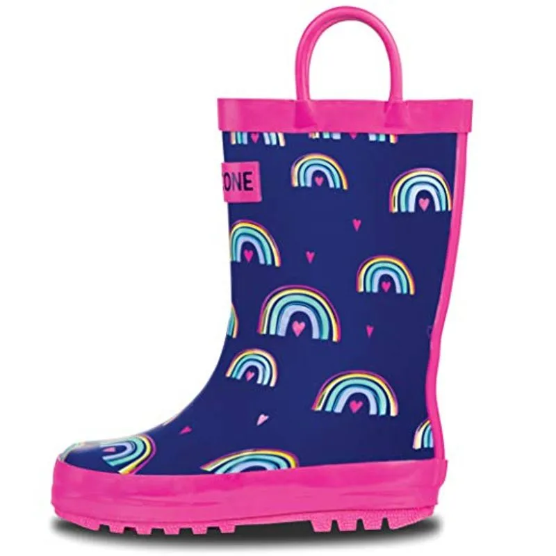 Botas De Chuva De Cone Solitário Com Alças Fáceis Em Padrões Divertidos Para Crianças E Crianças, Corações E Arco-íris, 2 Little Ki