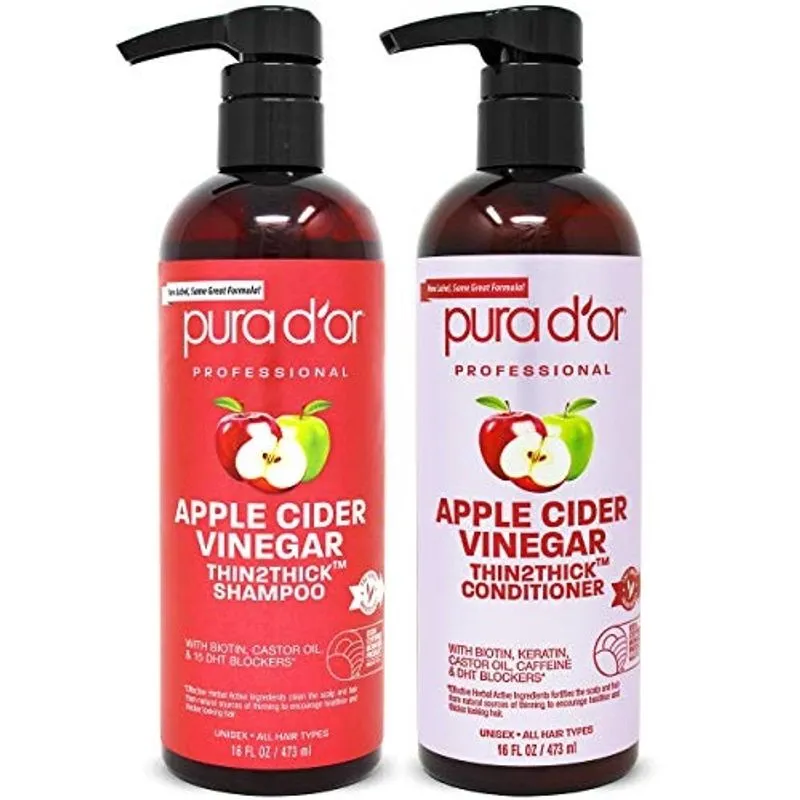 Pura D'OR Apple Cider Vinagre Thin2Thick Set Shampoo Condicionador para Recrescimento, Queda de Cabelo, Esclarecimento, Desintoxicação (2 x 16oz) Biotina, Queratina, Cafeína, Óleo de Castor, Todo tipo