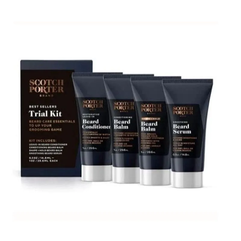 Kit de teste de barba scotch porter 4 peças Inclui Condicionador, Bálsamo condicionado, forma + ressarem bálsamo e soro Tubos de 4 1oz Formulado para homens com ingredientes não tóxicos, livre de para