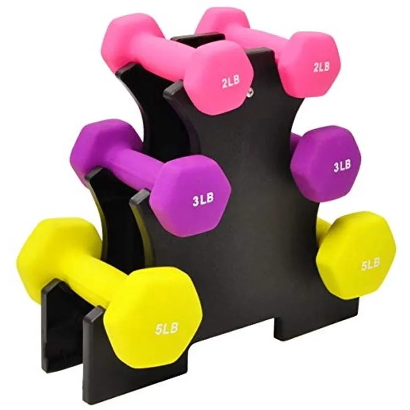 EquilíbrioDo Sporzon! Conjunto de halteres revestidos de neoprene colorido com suporte
