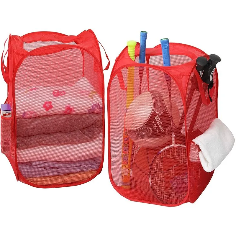 Pacote com 2 Cesto de roupa suja dobrável de malha SimpleHouseware com bolso lateral, vermelho
