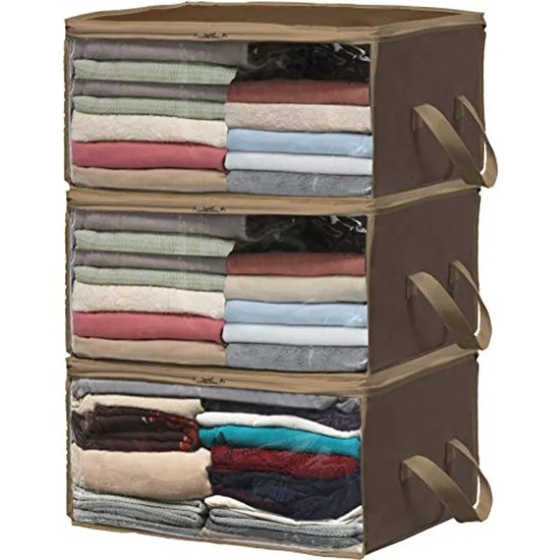 Caixa de armazenamento de roupas simples houseware 3 pack dobrável organizador de roupas com janela clara, marrom
