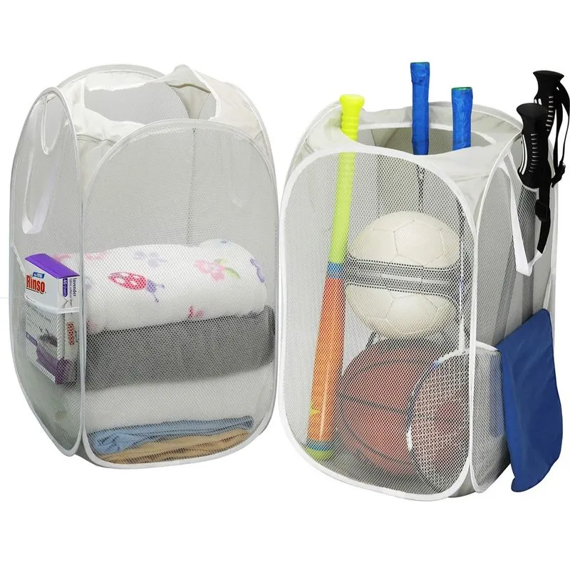 Pacote com 2 - cesto de roupa suja pop-up de malha SimpleHouseware com bolso lateral, cinza