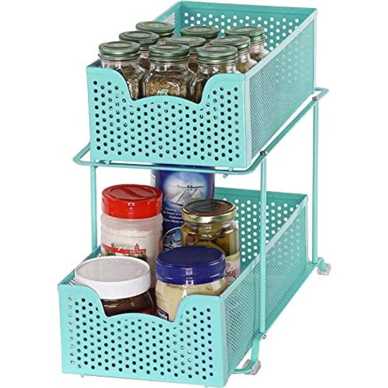 Louça Simples 2 Camadas Deslizante Armário Cesta Organizador Gaveta, Turquesa