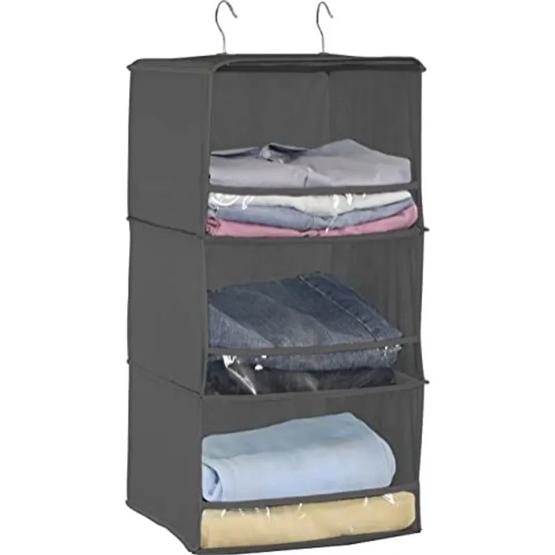 Utilidades Domésticas Simples 3 Prateleiras Organizador de Armário Suspenso com Rolha Frontal, Cinzento Escuro
