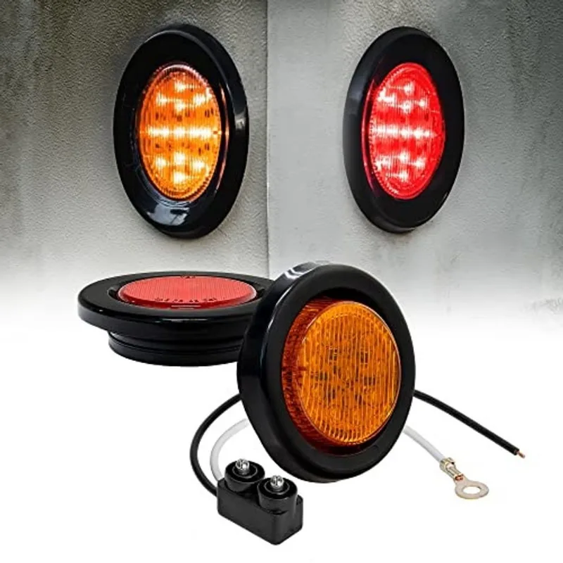 2pc 2.5 Âmbar + Red Round Trailer LED Clearance Marker Lights dot Approved Lente refletor Grommet Flush-Mount Impermeável IP67 Luzes de liberação de marcador para caminhão de reboque
