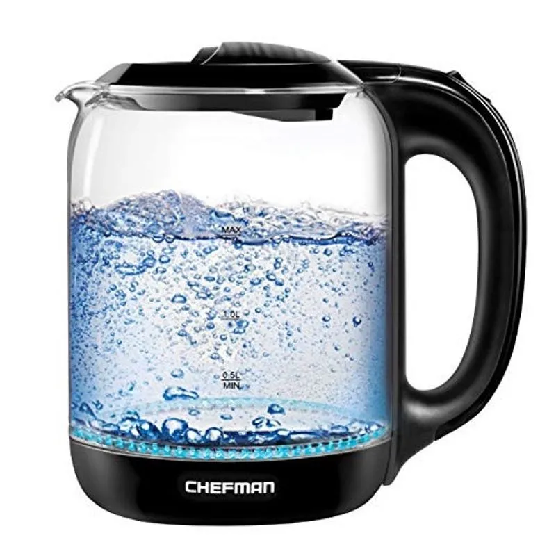 Chefman 1.7 Litros De chá de vidro elétrico, caldeira de água quente rápida, operação de um toque, furúnculos 7 xícaras, base giratória & derramamento sem fio, desligamento automático