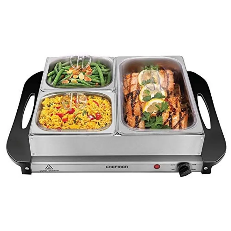Chefman Electric Buffet Server + Bandeja de Aquecimento c/Temperatura Ajustável & 3 Pratos de Atrito, Prato Quente Perfeito para Feriados, Bufê, Festas, Eventos & Jantares em Casa, Superfície de 14 x