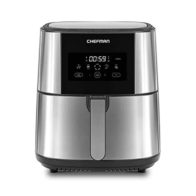 Chefman Grande Fritadeira a Ar Max xl 8 Qt, Cozinha Saudável, Fácil de Usar, Aço Inoxidável Antiaderente, Tela Digital Sensível ao Toque com 4 Funções de Cozimento, Livre de bpa, Cesta Segura para Lav