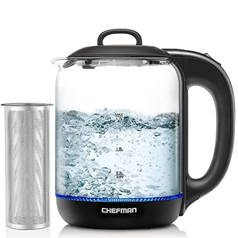 Chaleira elétrica chefman de 1,7 litros com infusor de chá, sem fio com tampa removível e base giratória de 360, luzes indicadoras led