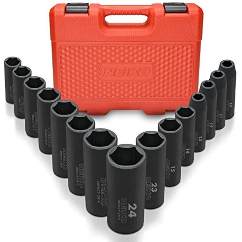 Conjunto de SOQUEte de impacto de 02474A 1/2, soquete métrico de 15 peças conjunto 10-24 mm, Soquetes profundos, 6 Pontos, soquetes de 1/2 para chave de impacto de 1/2, Chave de impacto Cromada Vanadi