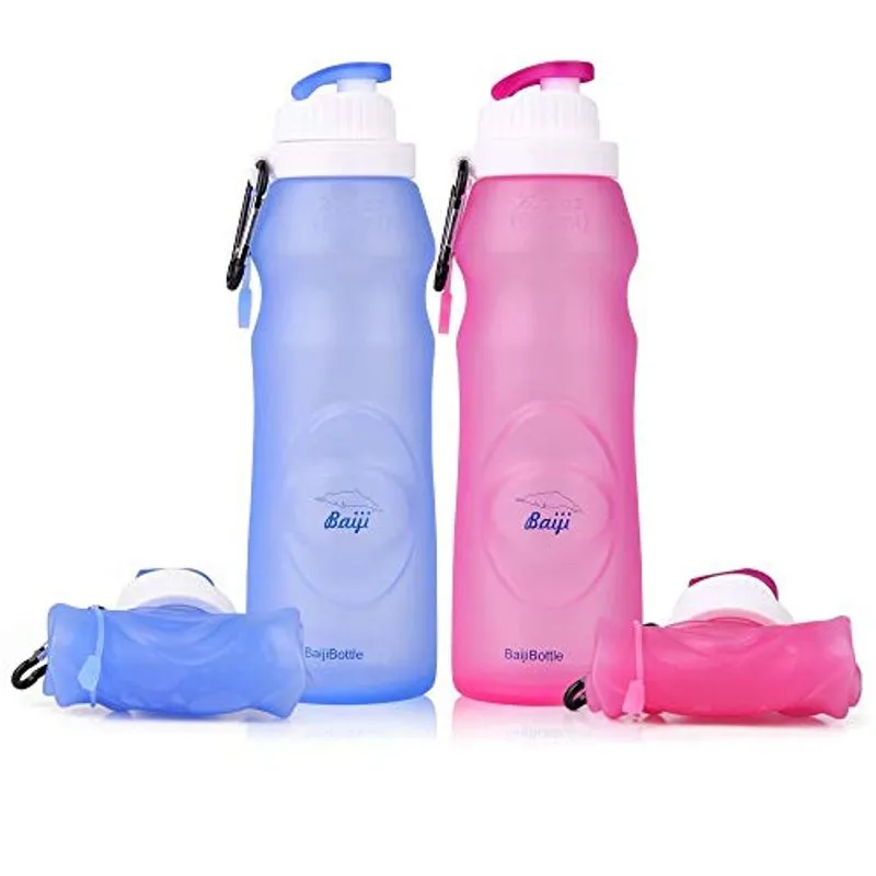 Baiji Garrafa Silicone Garrafas De Água Esportes Camping Cantina 20 Oz. -fácil De Limpar E Armazenar, Azul &amp; Rosa