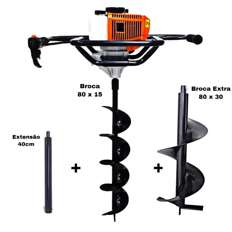 KIT Perfurador de Solo Vulcan VPS520-S 2T 52CC 2,5HP com Broca 80x15cm + Broca Extra 80x30cm + Extensão Extra 40cm com Pino Trava