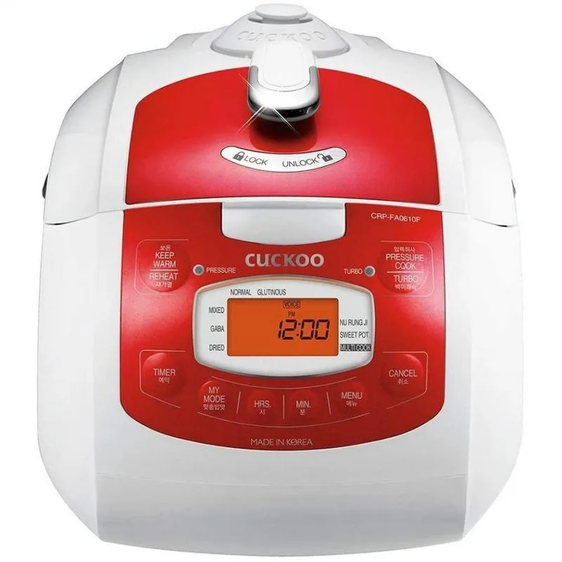 Cuckoo Panela Elétrica de Arroz, 1,4 L, 700 W, 110 V, branca e vermelha.
