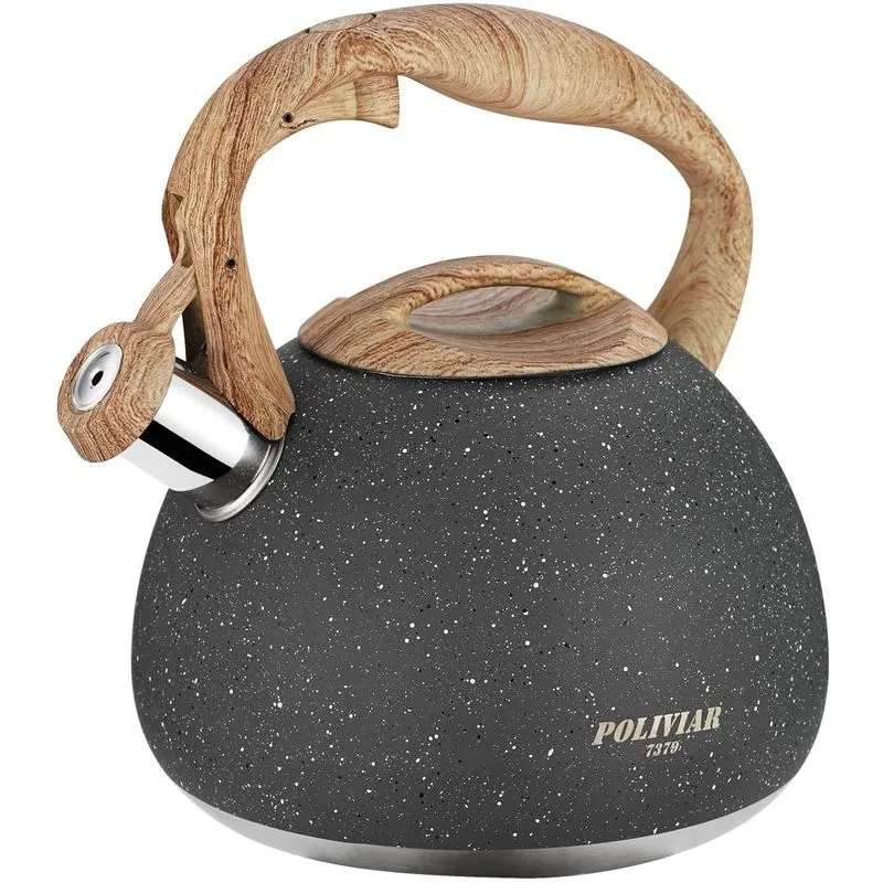 Poliviar Tea Kettle 27 Quart Natural Stone Finish with Wood Pattern Handle Loud Whistle Food Grade Stainless Steel Teapot AntiHot Handle and AntiRust