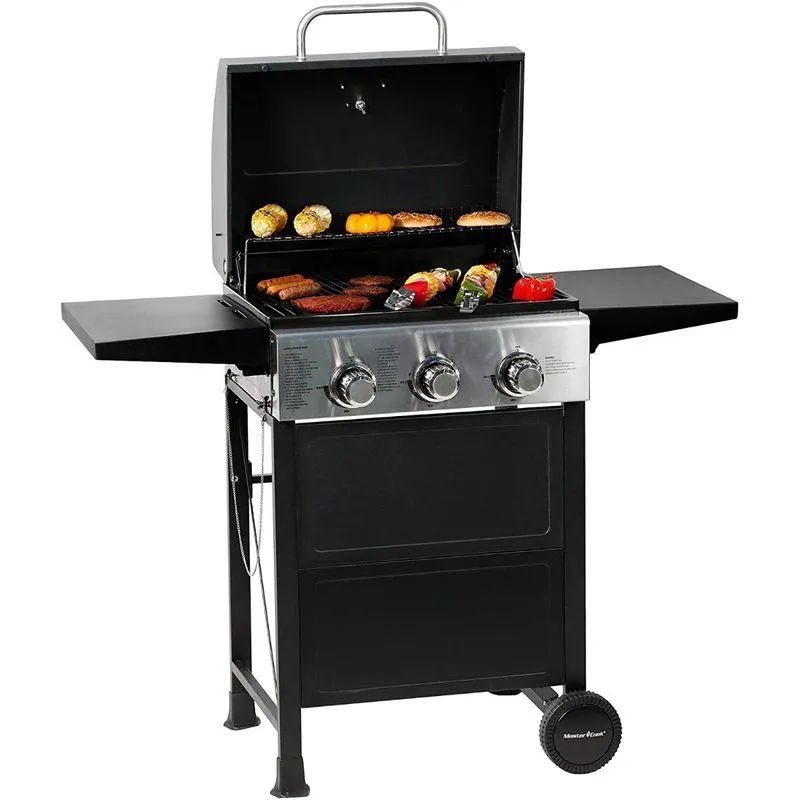 MASTER COOK Churrasqueira a Gás Portátil com 3 Queimadores, 30000 BTU, Preta.