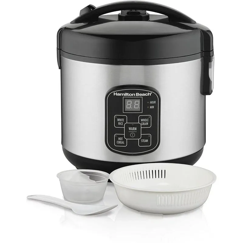 Hamilton Beach Panela de Arroz Elétrica (37518), Programável Digital 8 Xícaras Cozidas (4 não cozidas), Prata 110V