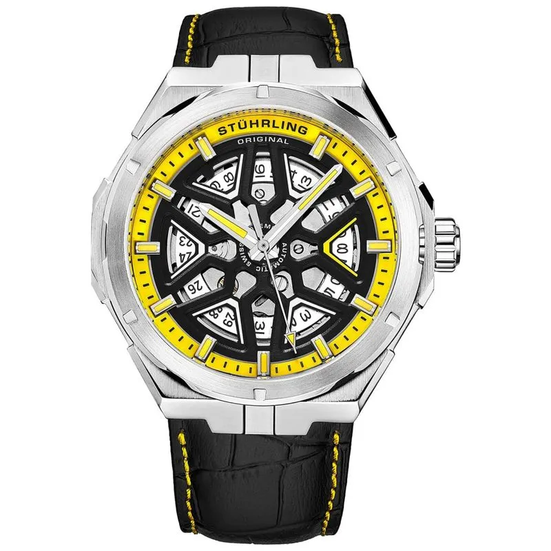 Relógio Masculino Automático De Pulseira De Couro, Stuhrling 379.03, Preto