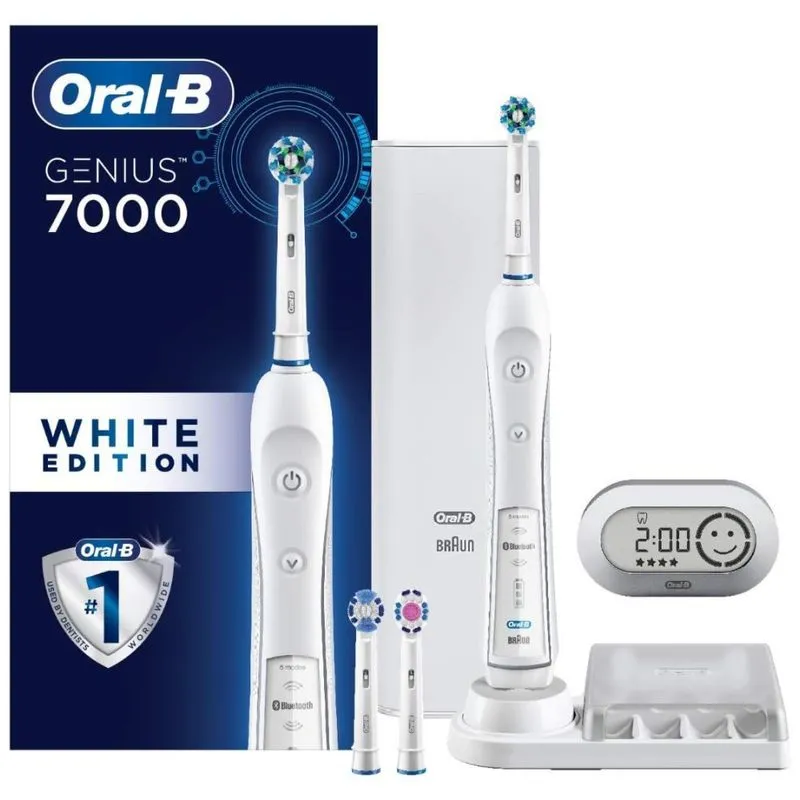Escova De Dentes Eletrica Recarregavel 7000 Smartseries Com Conectividade Bluetooth E Estojo De Viagem, Branca, Oral B D36.535.6x, Branco
