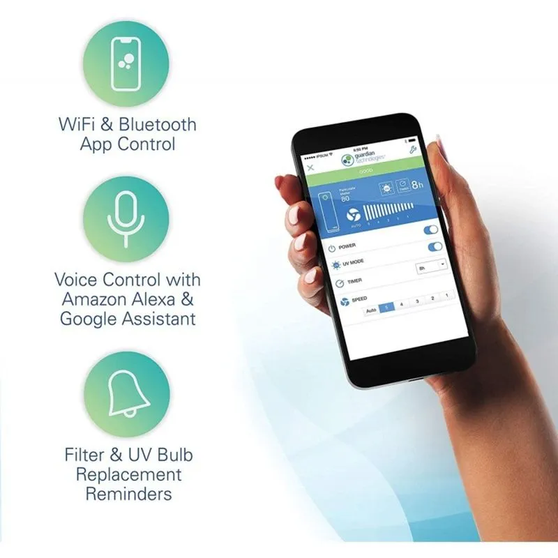 Esterilizador de Ar Germ Guardian, WiFi Bluetooth, Filtro HEPA, Vírus/Bactérias,