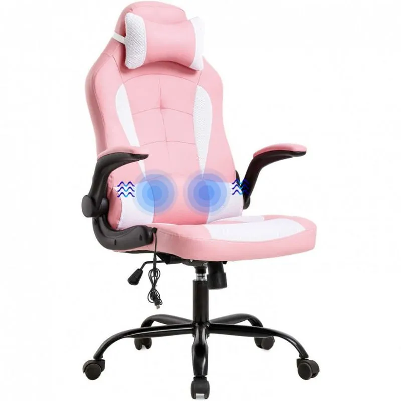 Cadeira Gamer BestOffice, Couro PU, Massagem, Ergonômica, 360 Graus, Rosa