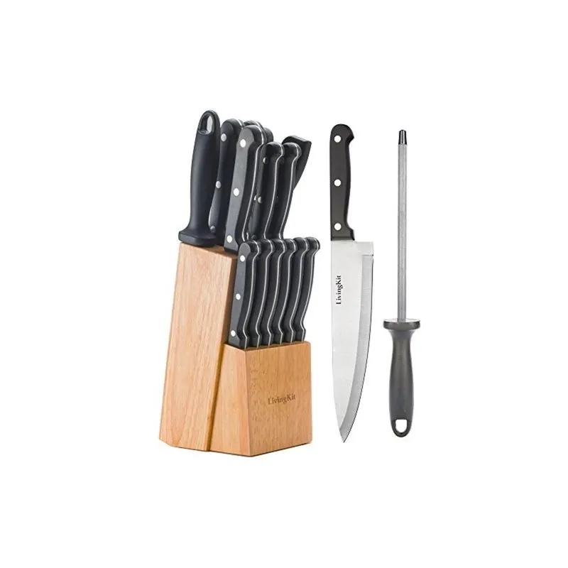Conjunto de Facas LivingKit, Aço Inoxidável, 14 Peças, Preto e Palha