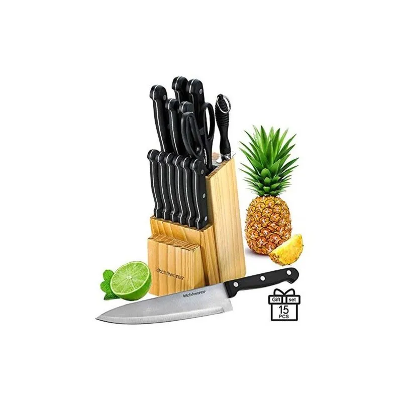 Conjunto de Facas Kitch N' Wares 5155500, 15 Peças, Aço Inoxidável, Preto e Palha