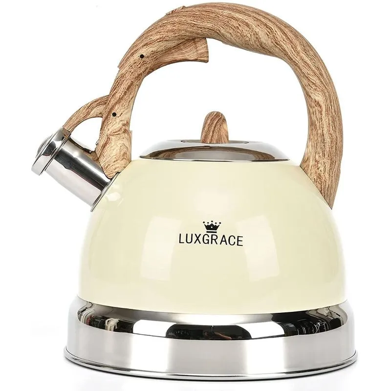 LUXGRACE Chaleira 2L com Apito e Cabo ergonômico Aço Inoxidável Creme