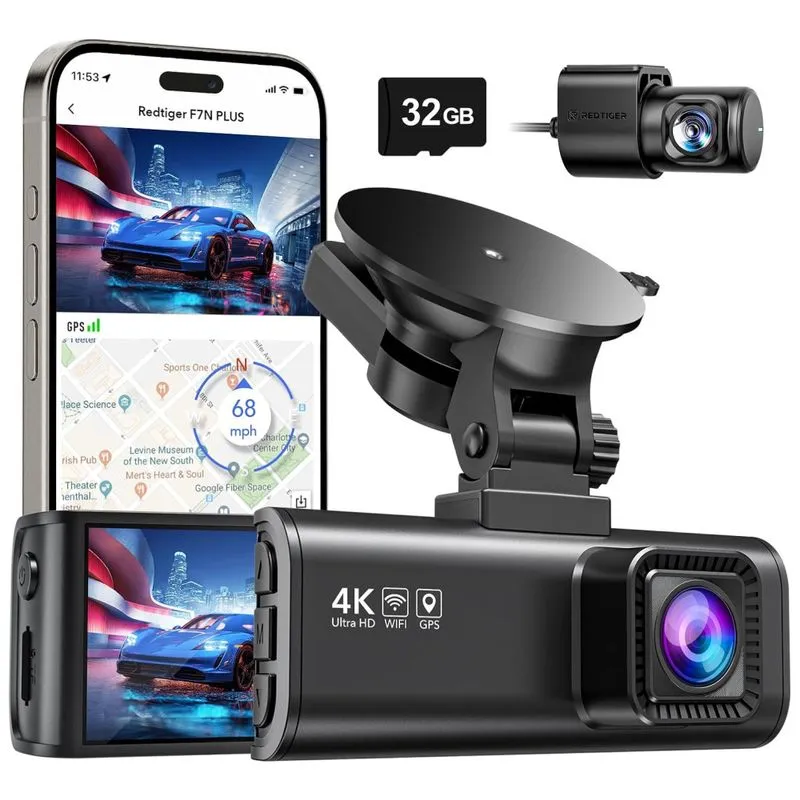 Camera Veicular Full Hd 1080p, Com Gps, Gravacao 4k Ultra Hd, Visao Noturna, Wi Fi, Redtiger F7n, Preto
