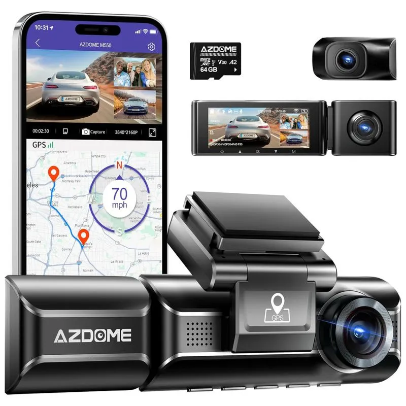 Azdome M550 Câmera Veicular Full Hd 1080p, Com Gps, Gravação 4k Ultra Hd, Visão Noturna, Incluso Cartão De 32 Gb, Wi Fi, Preta.