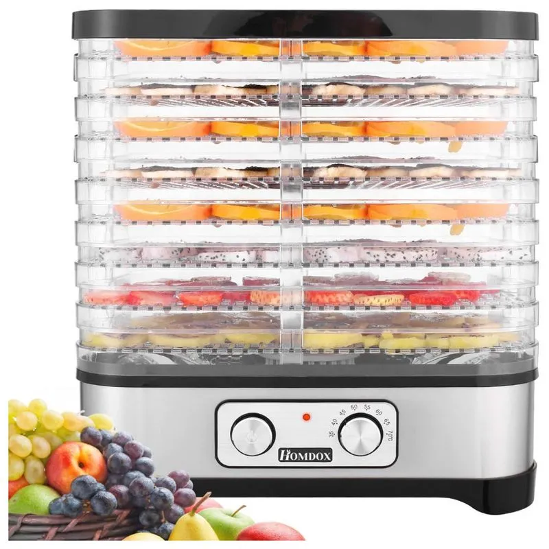 Homdox Máquina Desidratadora De Alimentos C, 8 Bandejas, Aço Inoxidável, 600w, 110v, Preta