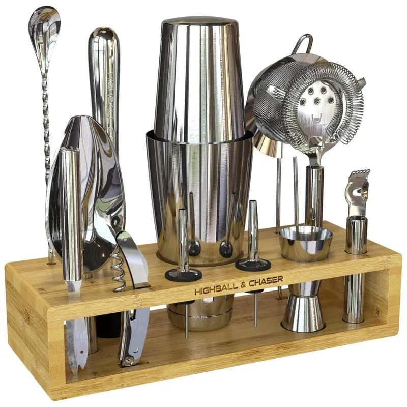 Highball Chaser Kit Bn Profissional 13 Peças Em Aço Inoxidável Com Suporte De Madeira