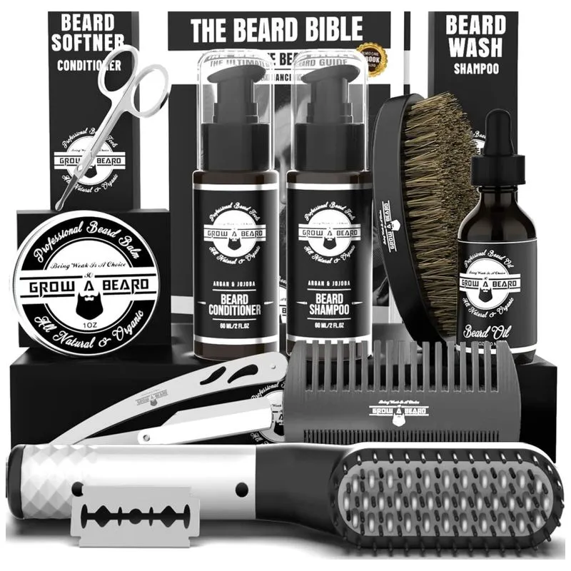 Kit Para Barba Profissional Portatil Com Cera E Pente, 10 Itens, Grow Alpha Beard, Preto