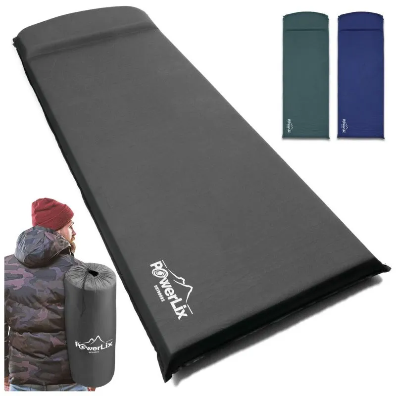 Powerlix Colchão Inflável para Camping Portátil Ultraleve com Travesseiro Embutido e Bolsa de Transporte, Cinza