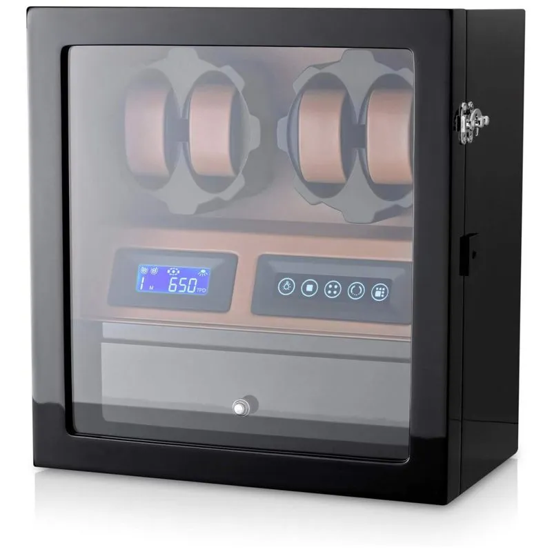 Caixa, Estojo Rotativo Automatico Para Relogios Com Luz E Painel De Controle, 4 Lugares, Leader Watch Winders X205, Preto