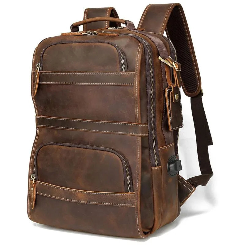 Mochila Unissex De Couro Para Laptop, Lannsyne Lb140, Marrom