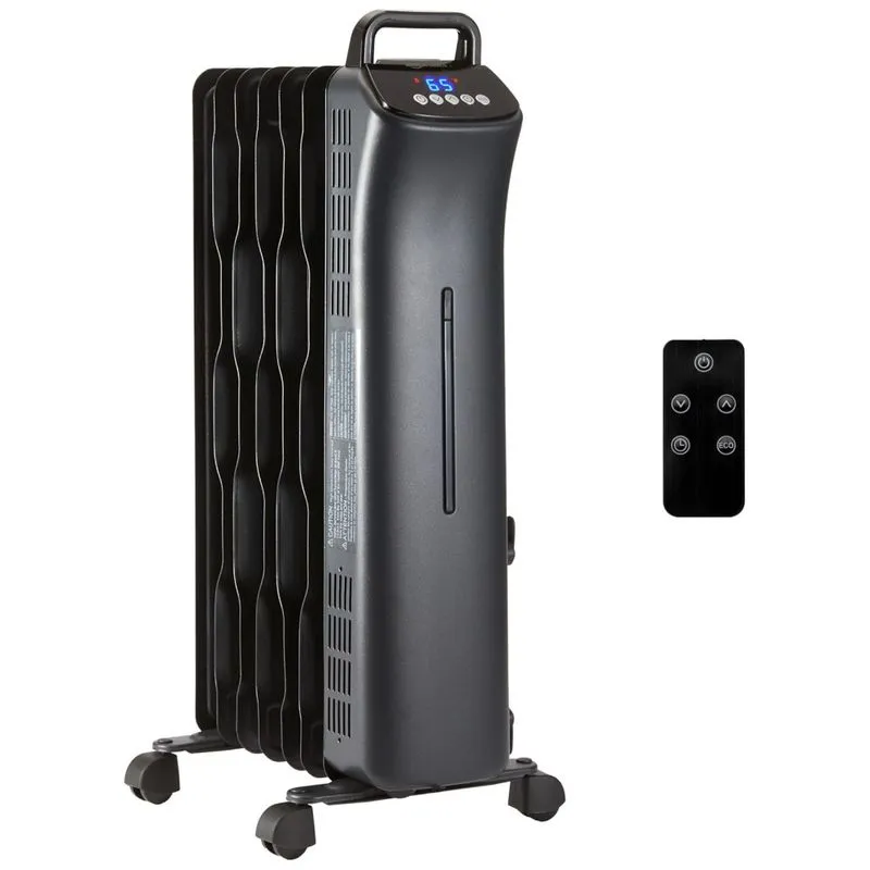 Aquecedor De Radiador Digital Portatil Com 7 Aletas Onduladas E Controle Remoto, Preto, 1500 W