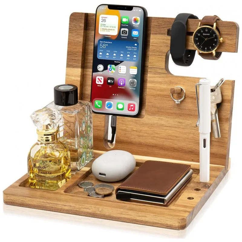 Nobleciffo Porta Chaves E Organizador Tudo Em Um De Madeira Com Suporte Para Celular, Marrom