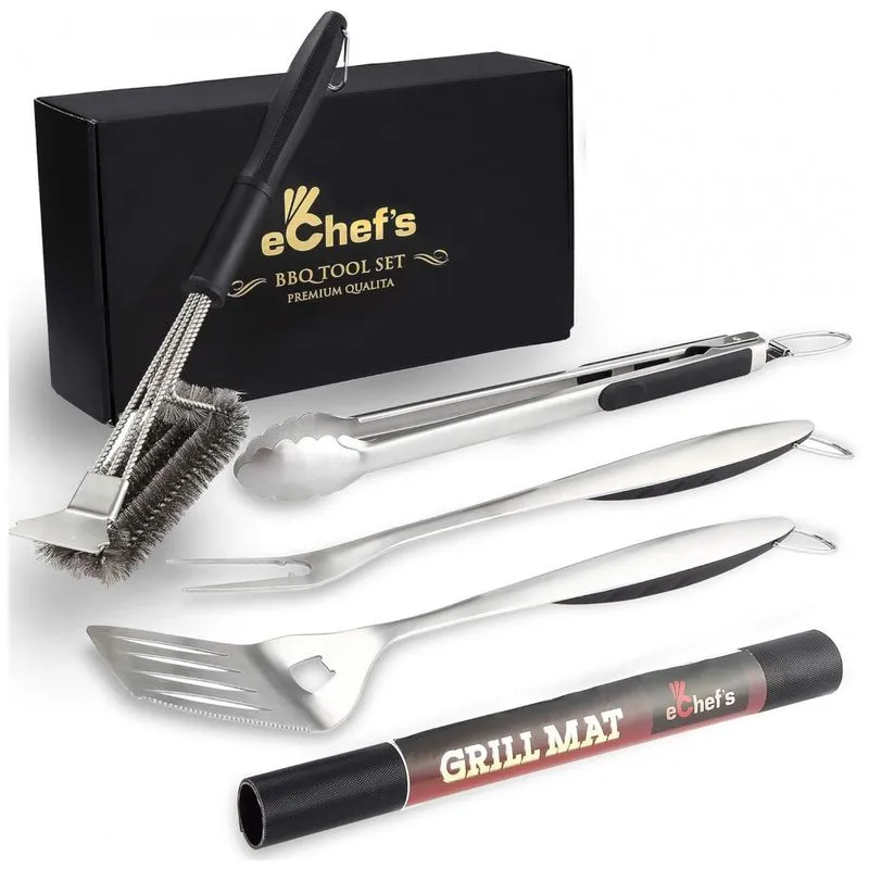 Kit Churrasco Na Grelha 5 Pecas De Aco Inoxidavel E Escova De Limpeza Com Estojo De Zenamento, Echefs, Prateado
