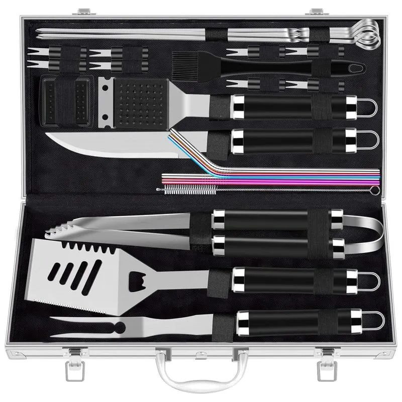 Kit Churrasco Na Grelha 25 Pecas De Aco Inoxidavel E Escova De Limpeza Com Estojo De Zenamento, Romanticist Grill Accessories, Prateado