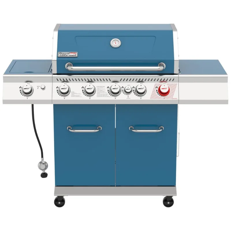 Churrasqueira A Gas 74.000 Btu Com 5 Queimadores, 2 Portas E 1 Queimador Lateral Em Aco Inoxidavel, Royal Gourmet Ga5403b, Azul