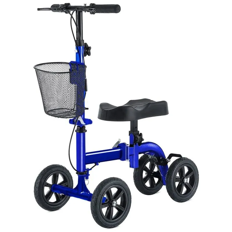 Andador 4 Rodas Dobrável Com Cesta E Apoio Para Joelho Ideal Para Lesões Suporta 136kg, Rinkmo, Azul