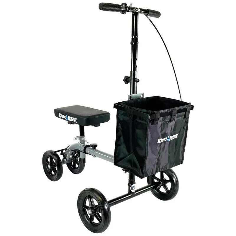 Andador 4 Rodas Dobrável Com Cesta E Apoio Para Joelho Ideal Para Lesões Suporta 136kg, Kneerover, Cinza