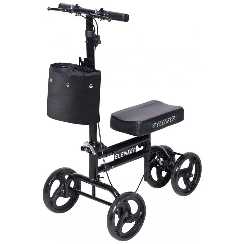 Andador 4 Rodas Com Cesta E Apoio Para Joelho Ideal Para Lesoes Suporta 136kg, Elenker, Preto