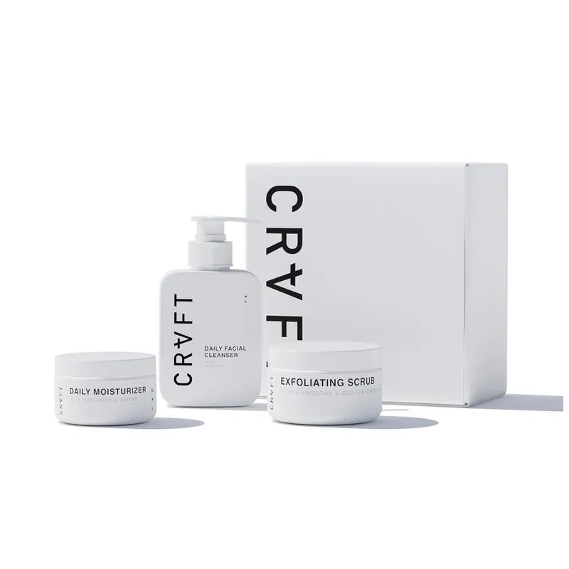 Skn Kit Skincare De Cuidados Com A Pele Para Homens Com Hidratante Hialurônico, Esfoliante E Sabonete, Hair Craft Co., Branco