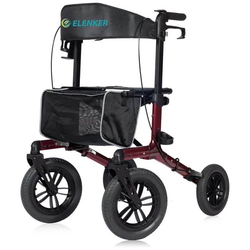Andador Adulto Idoso Com Apoio De Braço, Assento Acolchoado E Cesto, Suporta Até 136 Quilos, Elenker, Vermelho