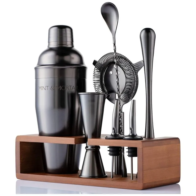 Kit Bn Profissional 7 Peças Em Aço Inoxidável Com Suporte De Bambu, Mint Mortar Gunmetal Black, Prateado
