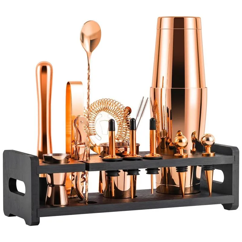 Kit Bn Profissional 24 Peças Em Aço Inoxidável Com Suporte De Madeira, Cobre, Soing, Dourado
