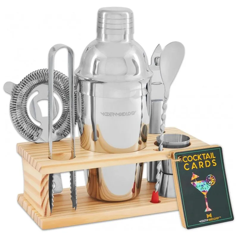 Kit Bn Profissional 8 Pecas Em Aluminio Com Suporte De Madeira, Modern Mixology Silver, Prateado